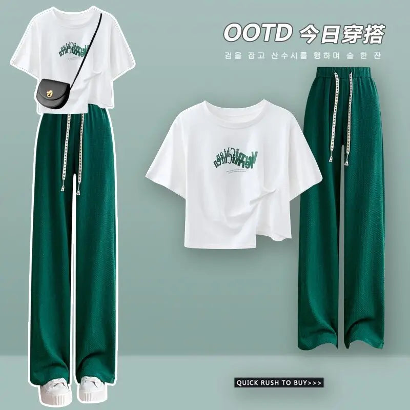 Women's Sportswear Set 2023 Summer New Fashion Cotton Short-Sleeve T-shirt+Wide Leg Pants Two-piece Korean Casual Tracksuit Suit