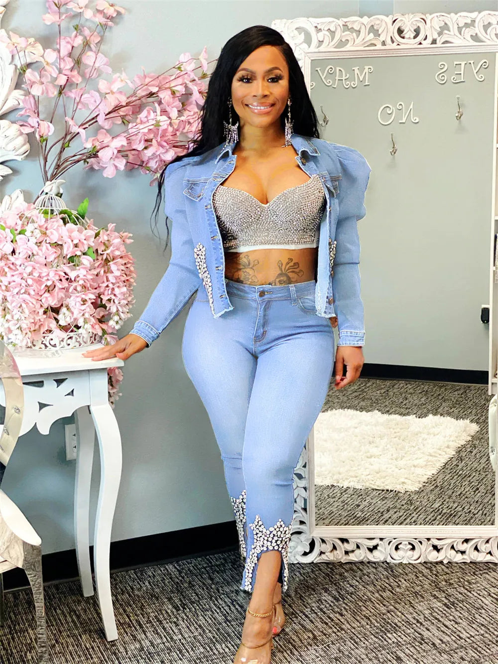 Blue Denim Two Piece Set Jeans Suits for Women Long Sleeve Jacket Top and Pants Female 2 Piece Club Outfits Matching Sets 8241