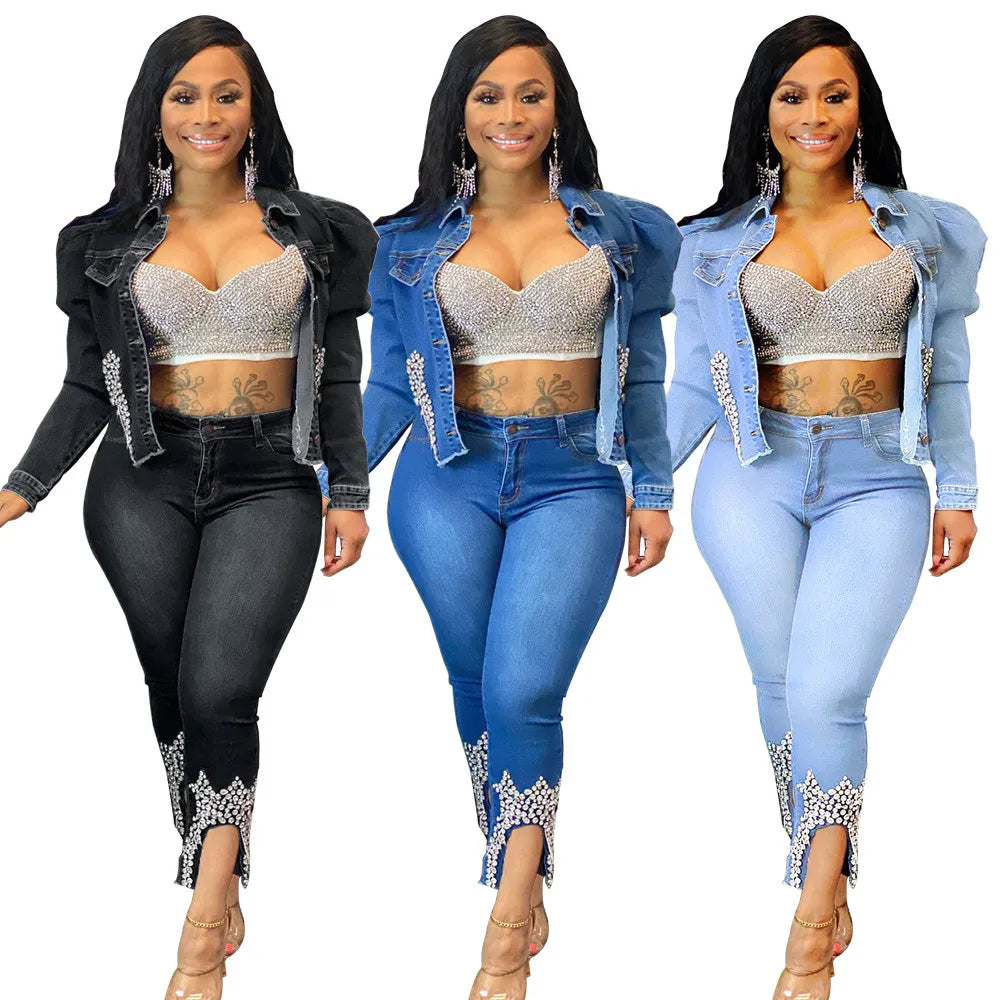 Blue Denim Two Piece Set Jeans Suits for Women Long Sleeve Jacket Top and Pants Female 2 Piece Club Outfits Matching Sets 8241