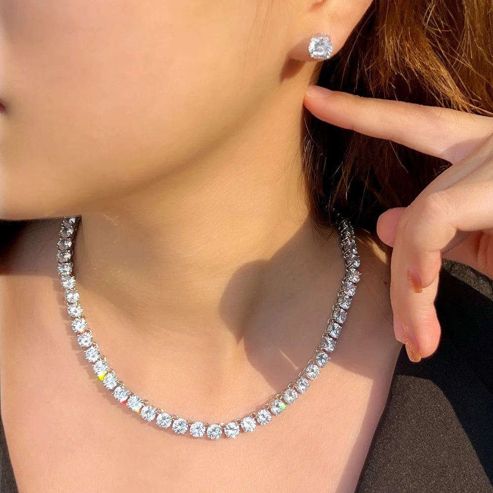 CWWZircons Stunning Big Carat Round CZ Tennis Necklace and Earrings Luxury Bridal Party Jewelry Set for Wedding Evening T061