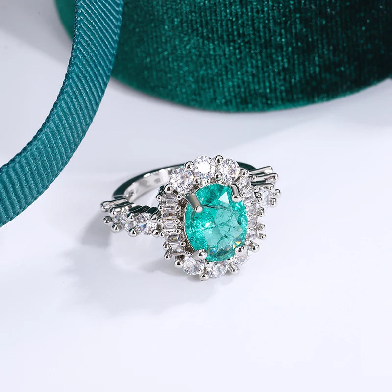 Exquisite Paraiba Green High Carbon Diamond 925 Sterling Silver Ring for Women Double Crystal Anniversary Gift Party Jewelry