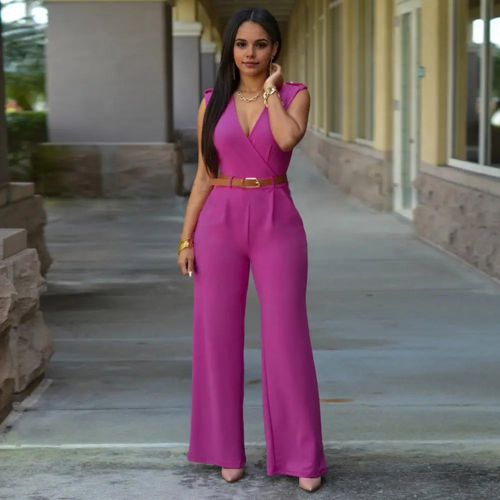 Casual Jumpsuit with Belt Elegant V-neck Sleeveless Jumpsuit with Belted Waist Wide Leg Office Party Romper Women's Casual