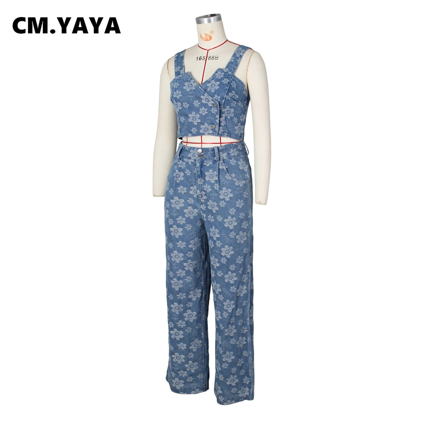 CM.YAYA Jean Jacquard Floral Women's Set Strap Wrap Crop Top and Straight Wide Leg Pants 2023 Two 2 Piece Sets Outfit Tracksuit