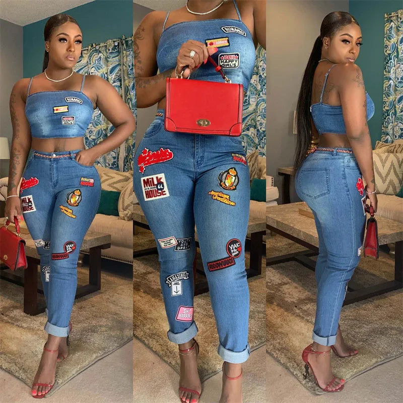 Fashion Women's Jeans Set Sexy Off Shoulder Strap Camisole Tops and High Waist Skinny Jean,Cartoon Sticker Jeans Casual Set