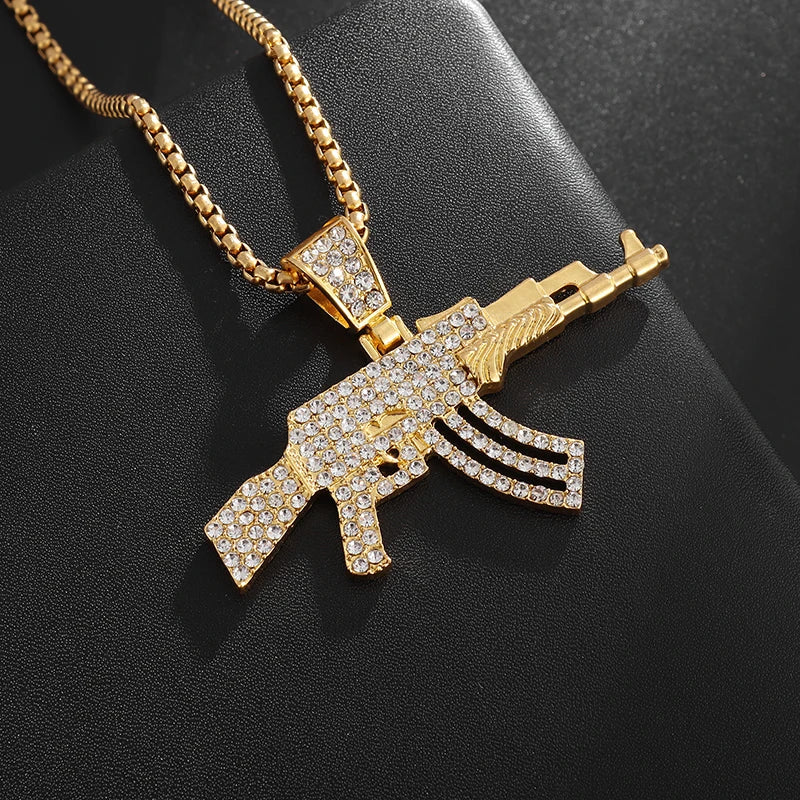 Hip Hop Ice Out Zircon Ak-47 Assault Rifle Pendant Necklace for Men Women Fashion Street Rock Rap Party Jewelry