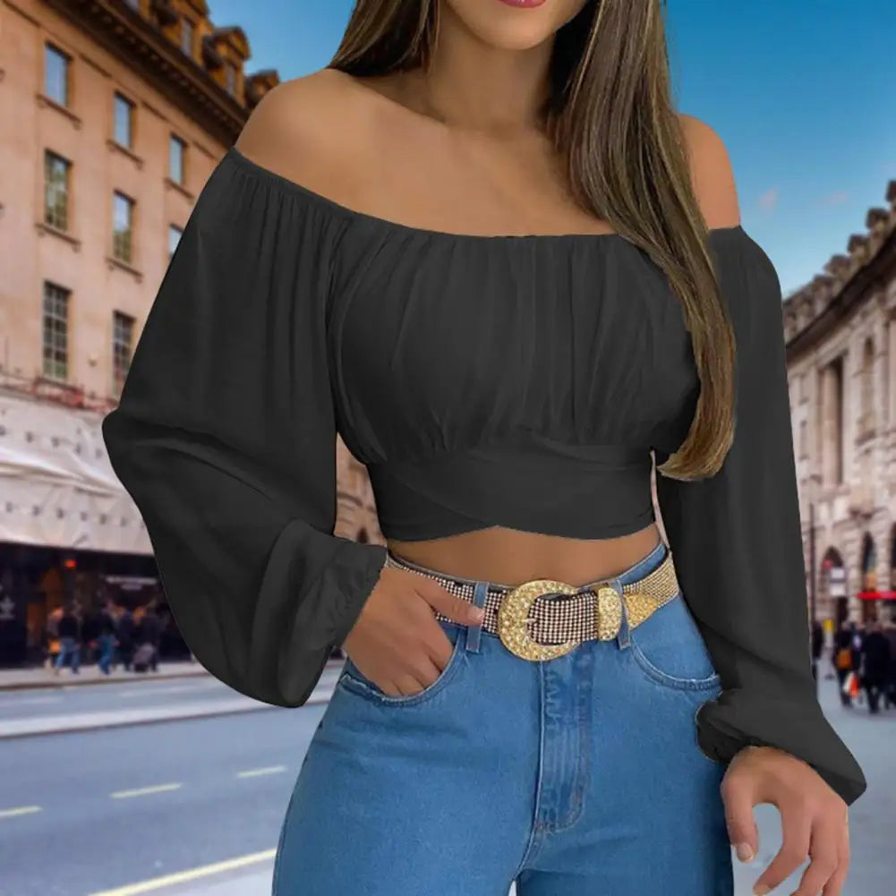 Women Crop Top Off Shoulder Blouse Elegant Off Shoulder Crop Top with Lace-up Detail for Women Solid Color Long Sleeve Blouse