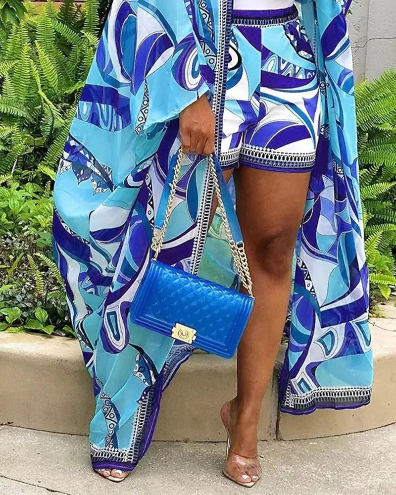 Abstract Print Batwing Sleeve Cardigan & Shorts Set Women Matching Sets Two Piece Set Top Shorts Suit Women Beach Wear Vacation