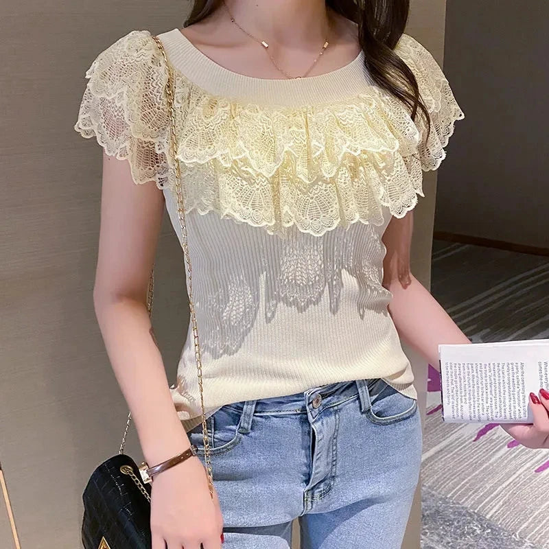 Casual Lace Knitted Tops T-shirts Women 2023 Fashion Elastic White Black Purple Top Sexy Ladies Kawaii T Shirts korean Clothes