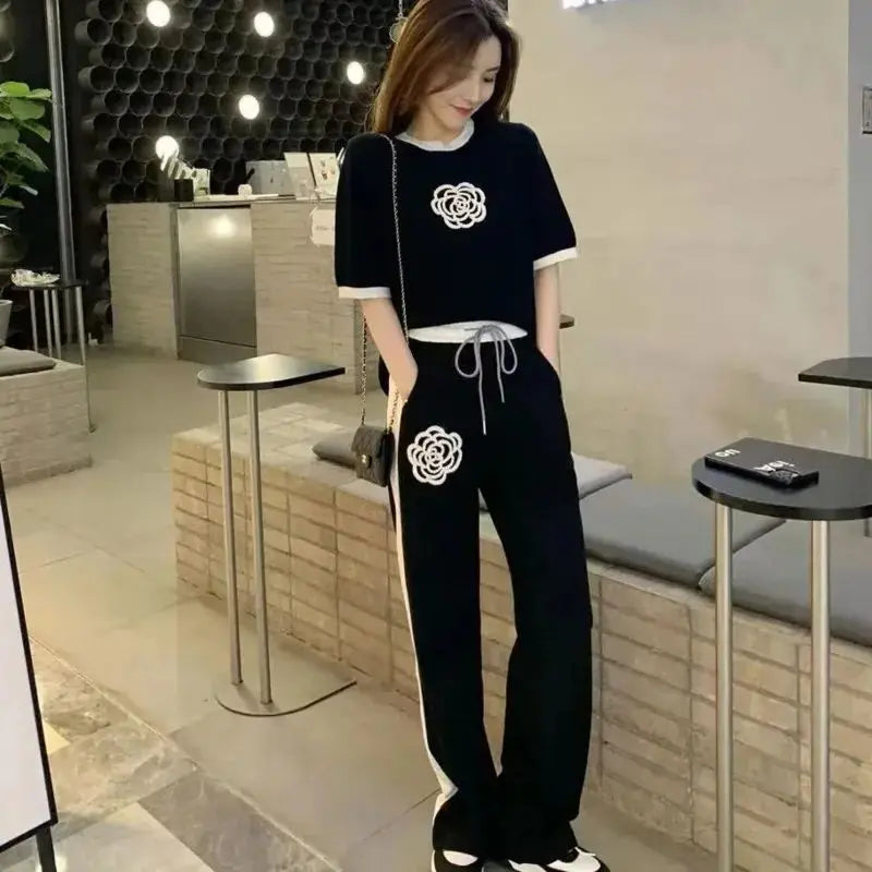 Women's Sweat Suit Summer New Fashion Street Bombing Style Short Sleeve Corp Tops And Wide Leg Pants Two Piece Set For Women