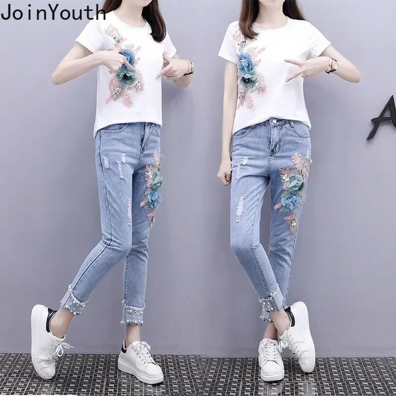 Women 2 Piece Outfits Embroidery Flower T Shirt High Waist Jeans Pants Sets Korean Fashion Woman Clothes Two Piece Trousers Set