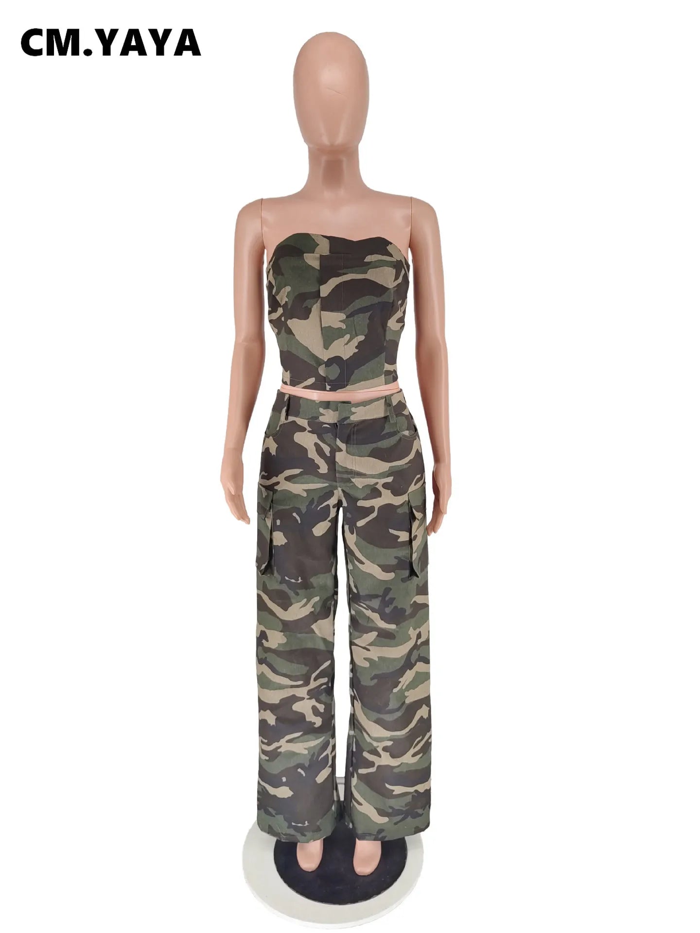 CM.YAYA Fashion Camouflage Women's Set Button Front Strapless Crop Top and Wide Leg Pants 2024 Two 2 Piece Sets Outfit Tracksuit