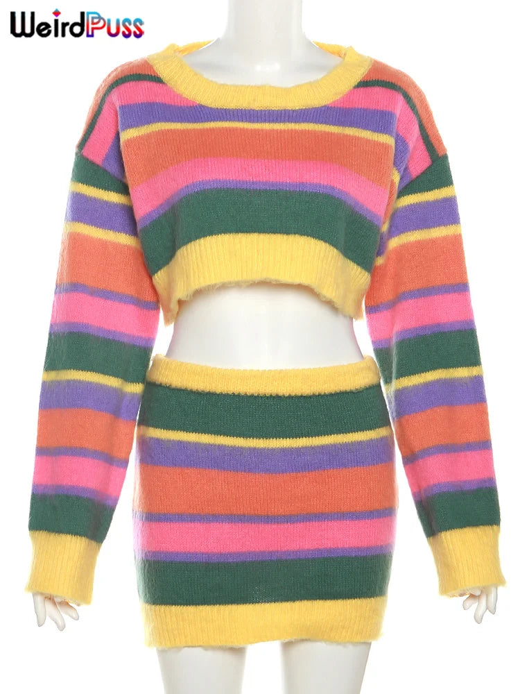 Weird Puss Fall Knit Women 2 Piece Set Tracksuit Casual Colorful Sweater Long Sleeve Crop Tops+Mini Skirts Matching Streetwear