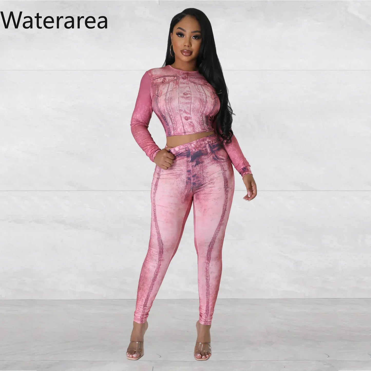 Waterarea Sport Women's Set Full Sleeve Crop Top and Pencil Pant Suits Fake Denim Print Fashion Jogger Two 2 Peice Sets Outifits