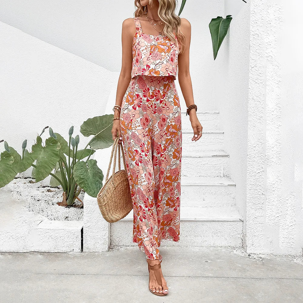 Summer Elegant Long Rompers Jumpsuit For Women Sexy Backless Wide Leg Jumpsuits Casual Sleeveless Floral Clothes Woman 2024 New