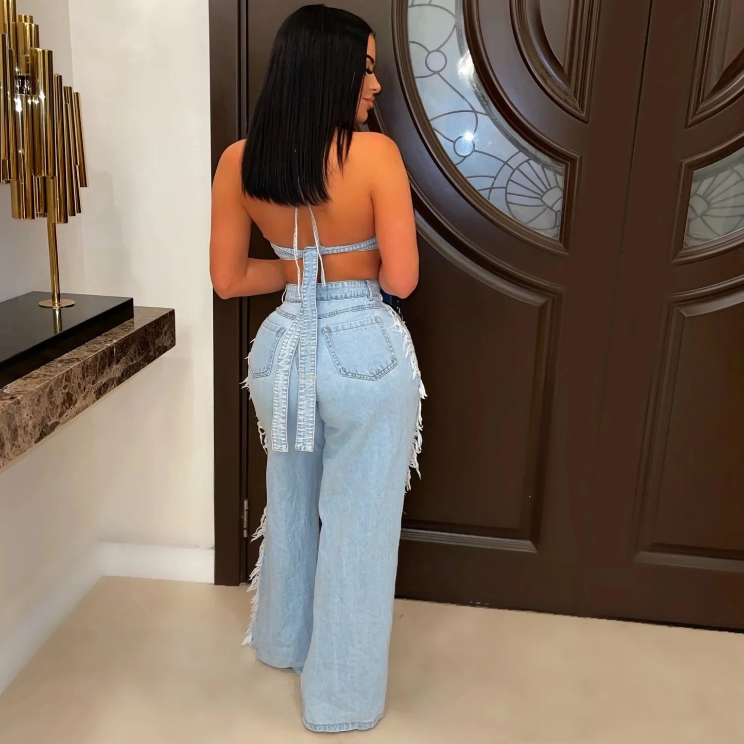 Denim Sexy Two Piece Sets Women Outfits Y2K Streetwear 2023 Ladies Summer Denim Jeans Ripped Pant Bikini Top 2 Piece Set Outfits