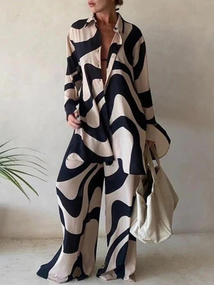 Women Casual Commuter Suit Fashion Print Loose Long Sleeve Shirt Straight Pants Two Piece Suit 2022 New Office Elegant Chic Suit