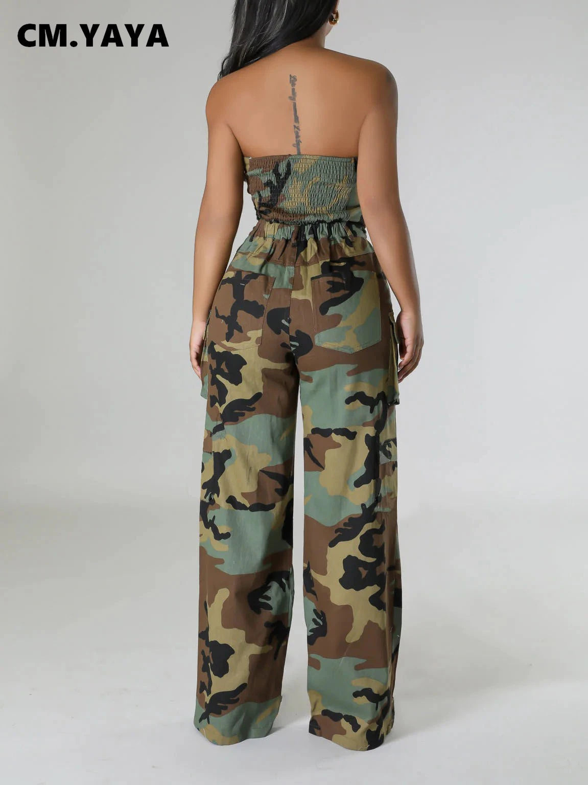 CM.YAYA Fashion Camouflage Women's Set Button Front Strapless Crop Top and Wide Leg Pants 2024 Two 2 Piece Sets Outfit Tracksuit