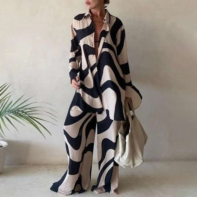 2 Pieces Pajama Set Women's Print Fashion Ladies Sleepwear Lapel Long Sleeve Casual Loose Pyjama Suit for Female Lingerie