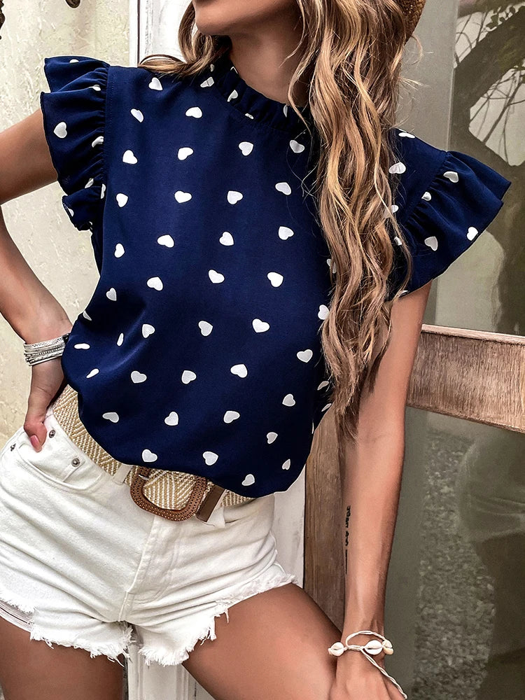 Fashion Chiffon Print Women's Shirt Casual Ruffle Short Sleeve Top Pink Chic Woman Blouse And Shirts Elegant Blouses Summer 2022