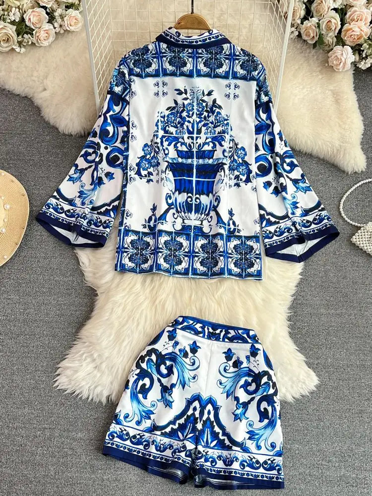 Summer Holidays Blue And White Porcelain Two Piece Suit Women Flare Sleeve Loose Shirt Top + Flower Printed Pocket Shorts Sets