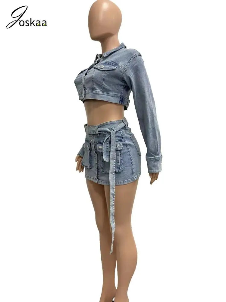 Joskaa Blue Denim Two Piece Set Women Hipster Lapel Long Sleeve Button-Up Jacket and Belt Mini Skirt Matching 2023 Streetwear