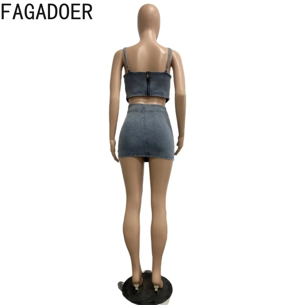 FAGADOER Blue Fashion Hollow Out Elasticity Denim Two Piece Sets Women Thin Strap Sleeveless Tank Top And Skirts Cowboy Outfits