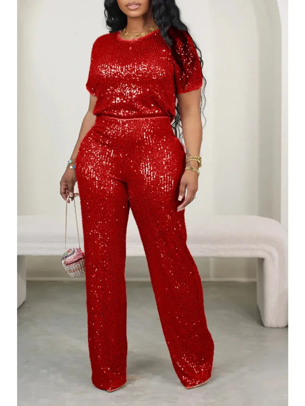 Autumn Casual Sequin Two Piece Set for Womeb Fashion Solid Short Sleeved Tshirt Wide Leg Pants Sequin Two Piece Set Women