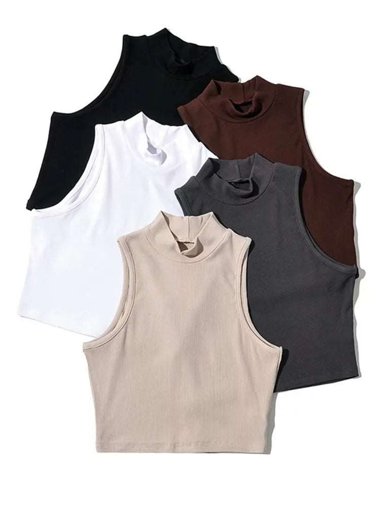 Summer Black Women Fashion Crop Top High Neck White Sleeveless Tank Tops 5 Colors