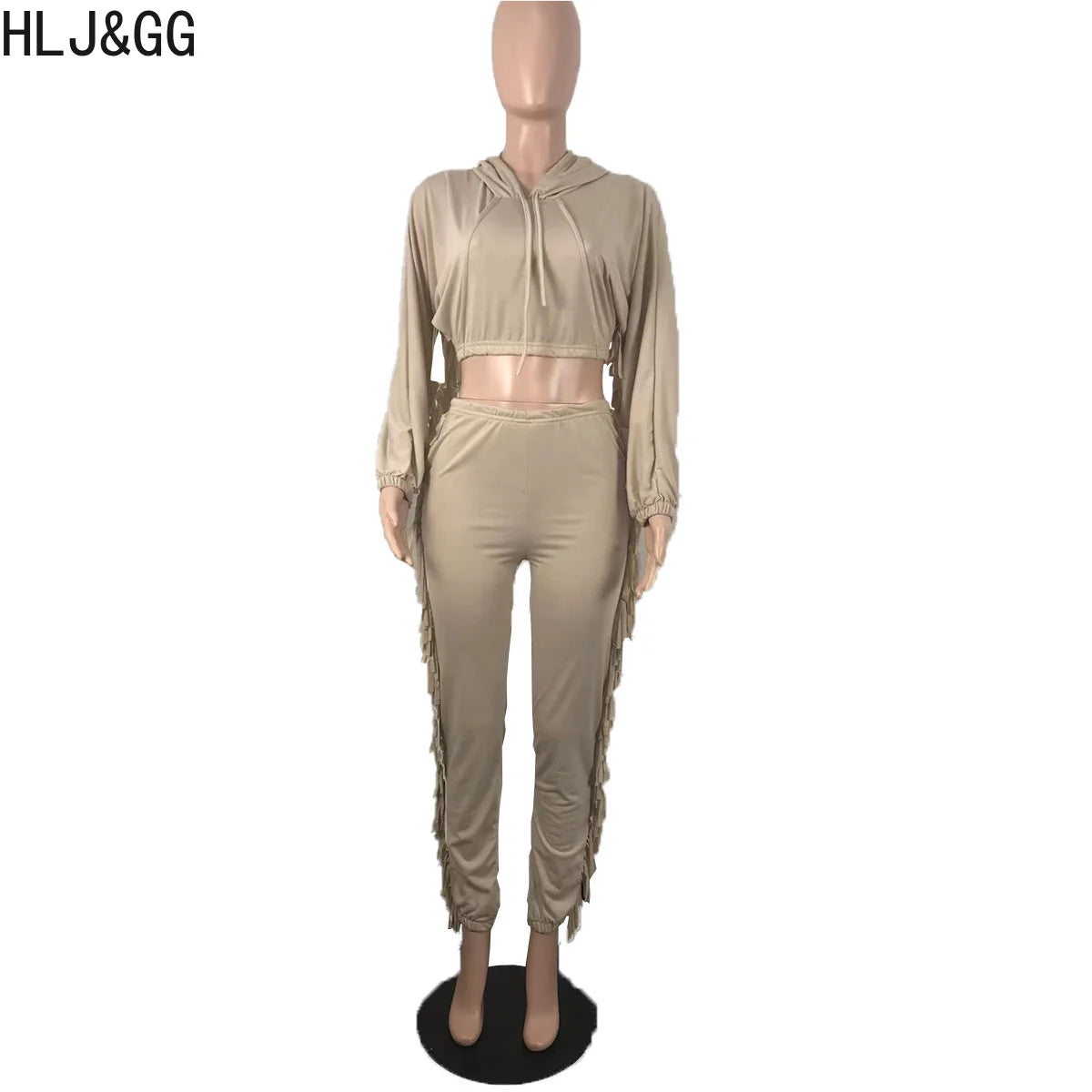 HLJ&GG Fall Winter Hooded Tassel Design Pants Sets Women Long Sleeve Crop Top + Skinny Pants Two Piece Tracksuits Female Outfits