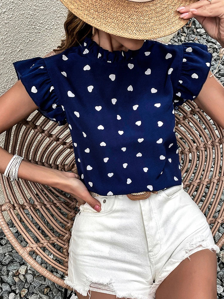 Fashion Chiffon Print Women's Shirt Casual Ruffle Short Sleeve Top Pink Chic Woman Blouse And Shirts Elegant Blouses Summer 2022