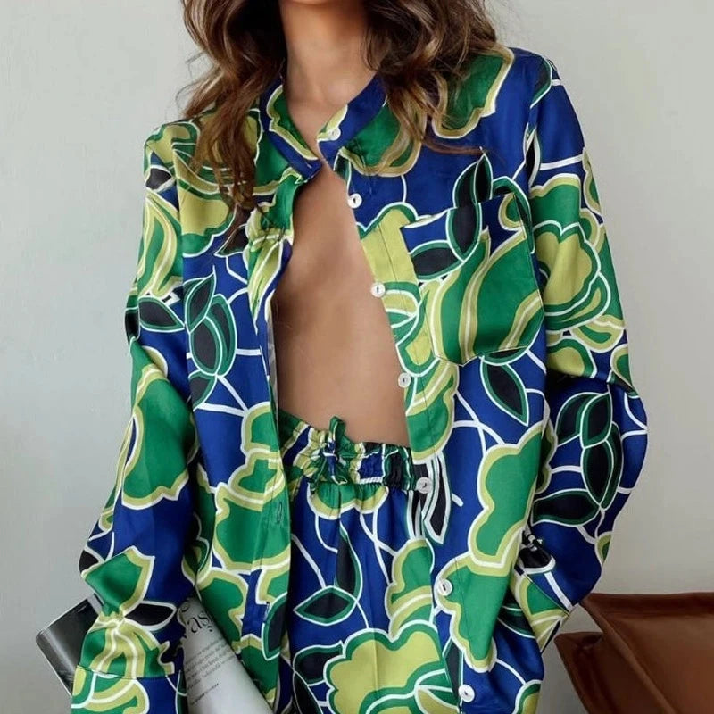 Fashion Printed Pajamas Set Women Retro Loose Long Sleeve Blouse Straight Pants Suit 2024 Summer Casual Two Piece Set Sleepwear