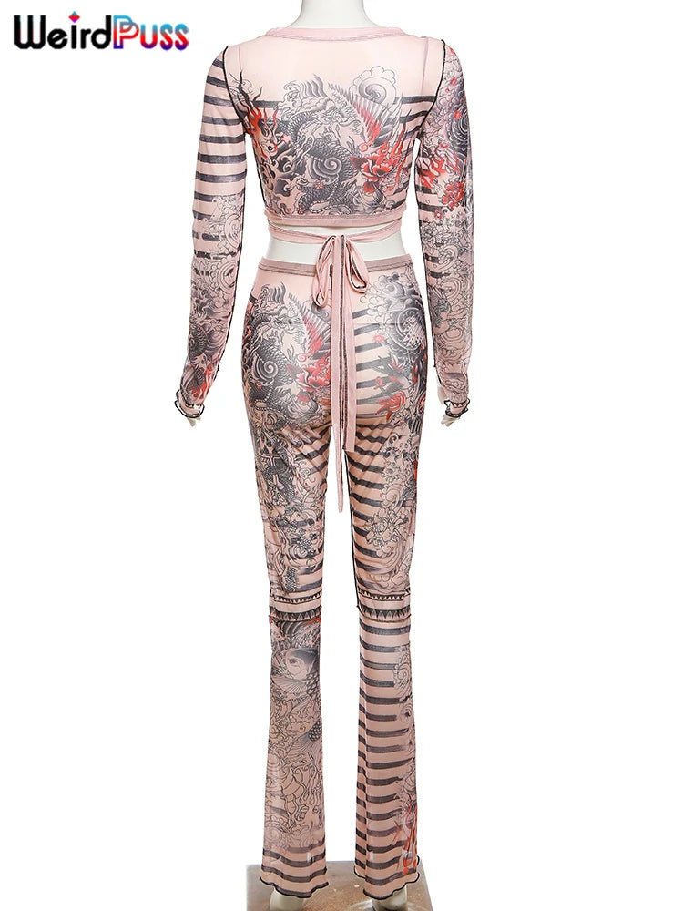 Weird Puss Sexy Women Dragon Stripes 2 Piece Set See Through Wrapped Bandage Crop Tops+Flare Pants Matching Streetwear Outfits