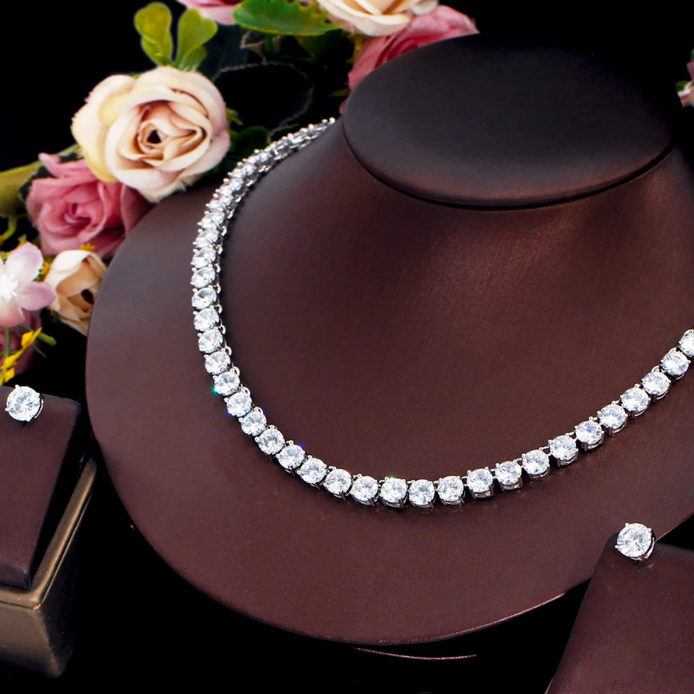 CWWZircons Stunning Big Carat Round CZ Tennis Necklace and Earrings Luxury Bridal Party Jewelry Set for Wedding Evening T061