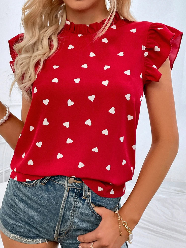 Fashion Chiffon Print Women's Shirt Casual Ruffle Short Sleeve Top Pink Chic Woman Blouse And Shirts Elegant Blouses Summer 2022