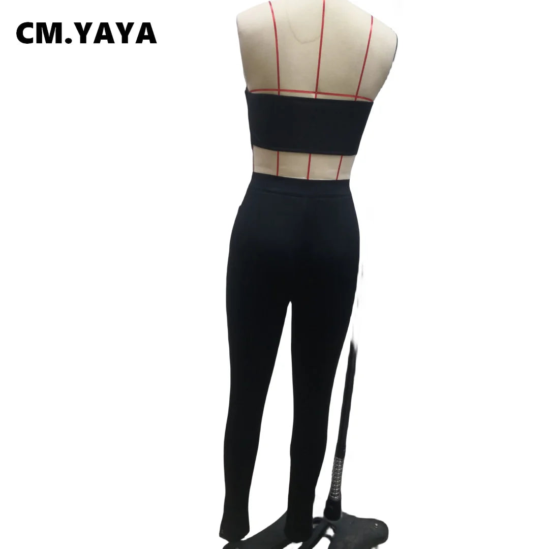 CM.YAYA Fashion Women's Set Tunic Crop Top and Flare Slit Hem Mesh Patchwork Pants 2023 Street Two 2 Piece Sets Outfit Tracksuit