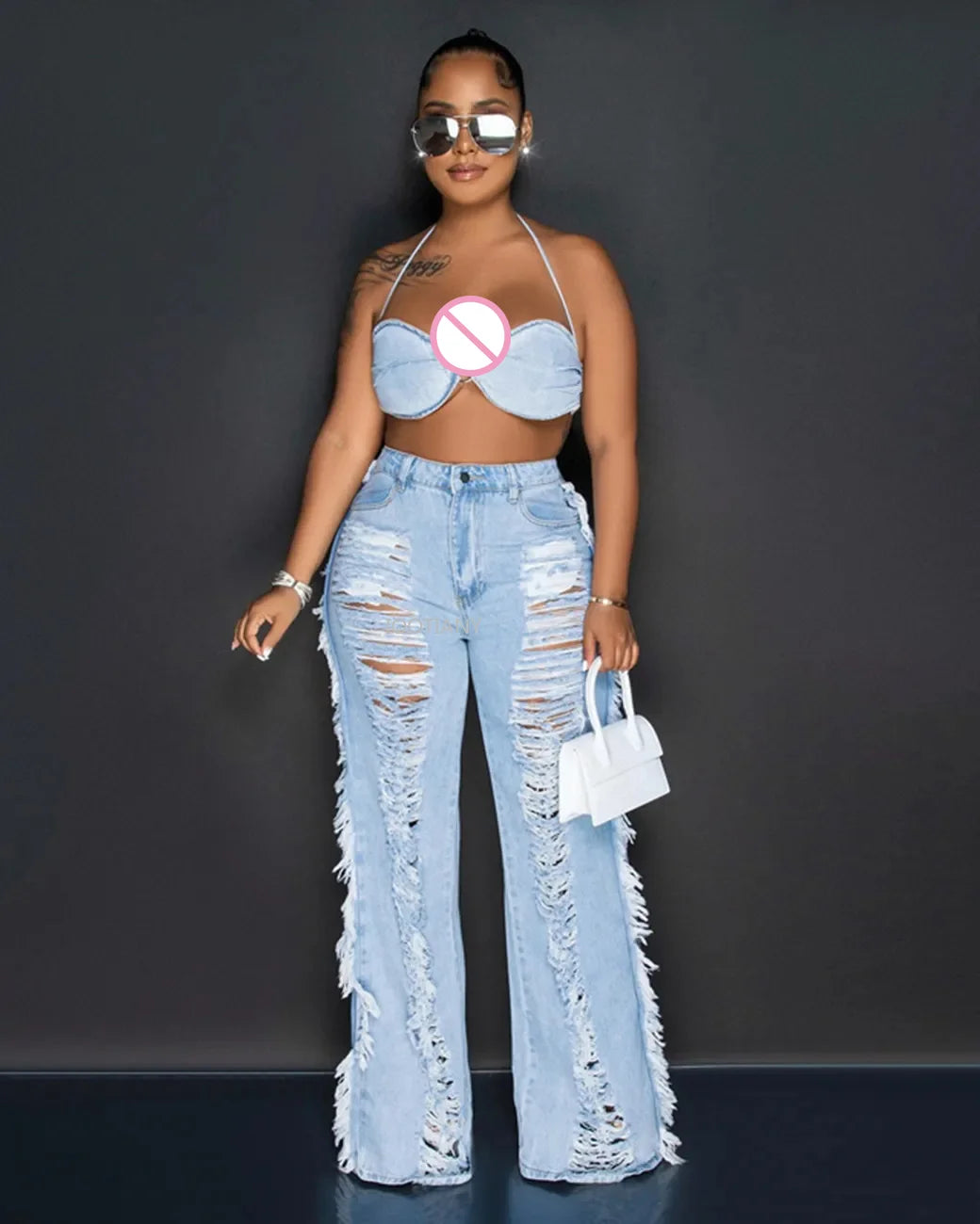 Denim Sexy Two Piece Sets Women Outfits Y2K Streetwear 2023 Ladies Summer Denim Jeans Ripped Pant Bikini Top 2 Piece Set Outfits