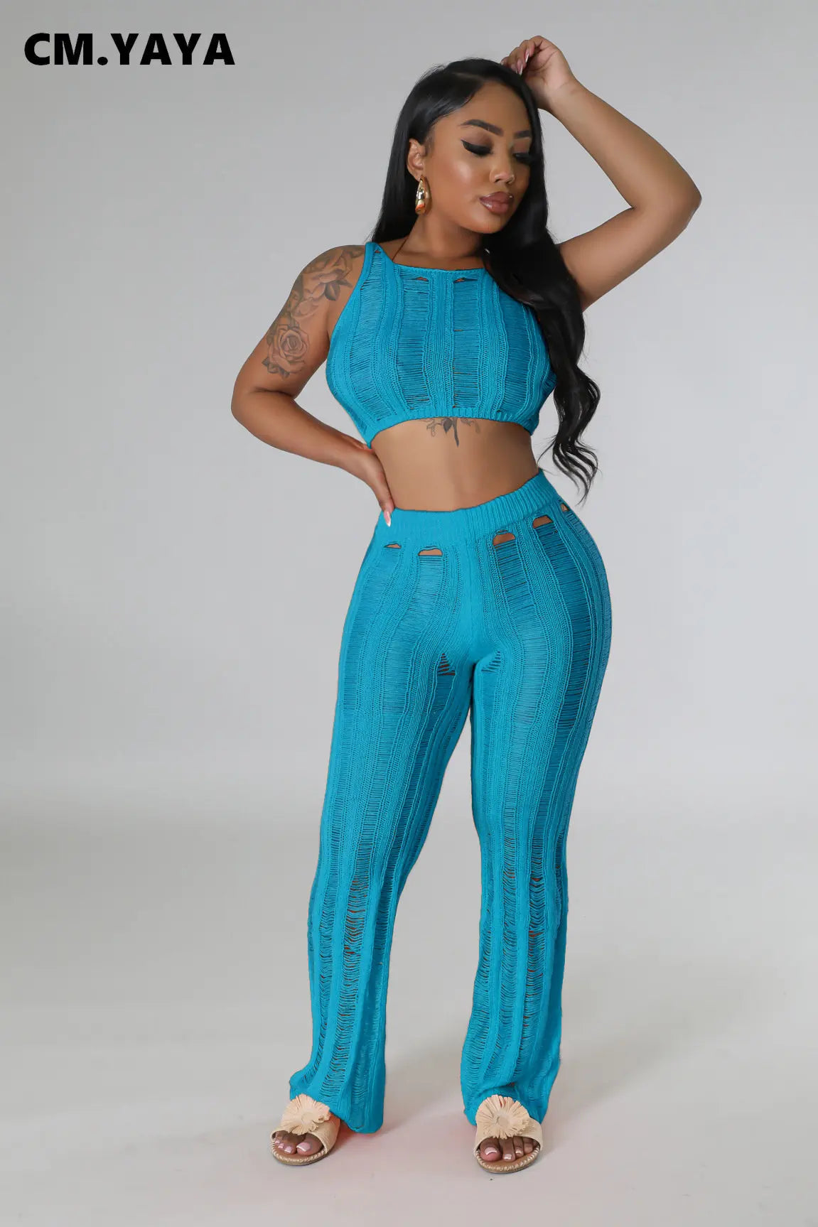 CM.YAYA Streetwear Knit Ripped Out Tassel Women 2 Piece Set Outfits Tank Top and Wide Leg Pants Set 2023 INS Beach Tracksuit