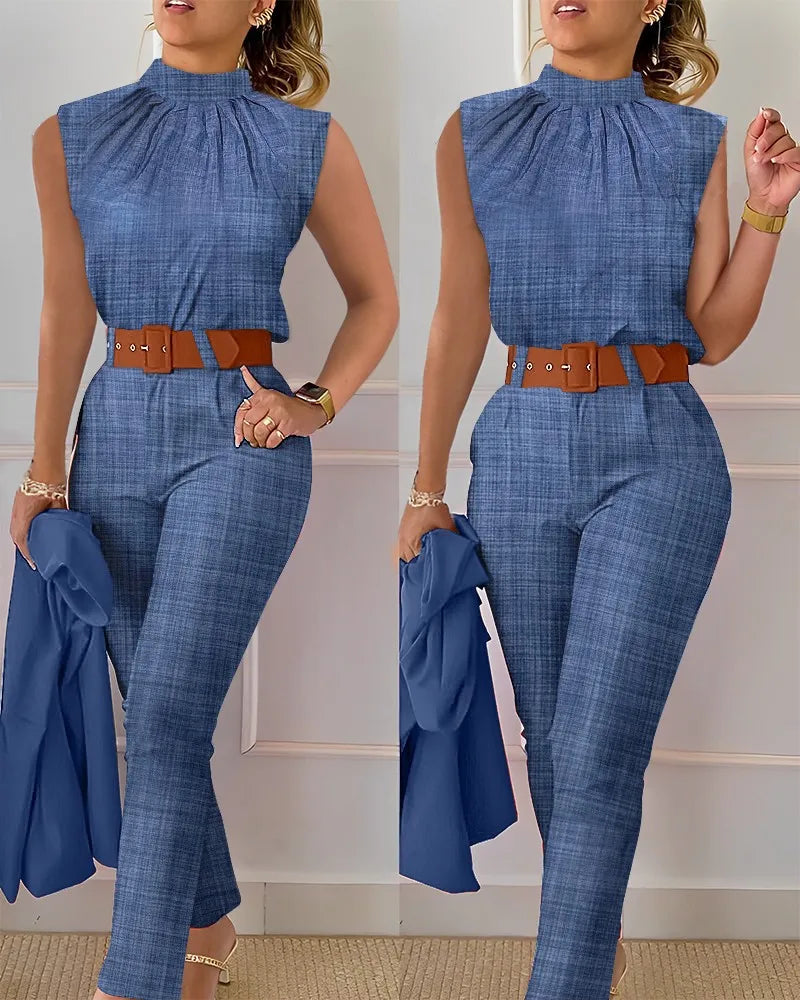 Summer Denim Blue Set Women Stand Collar Sleeveless Top  High Waist Pants Work Printing 2 Pieces Suit Sets Female Casual Outfits