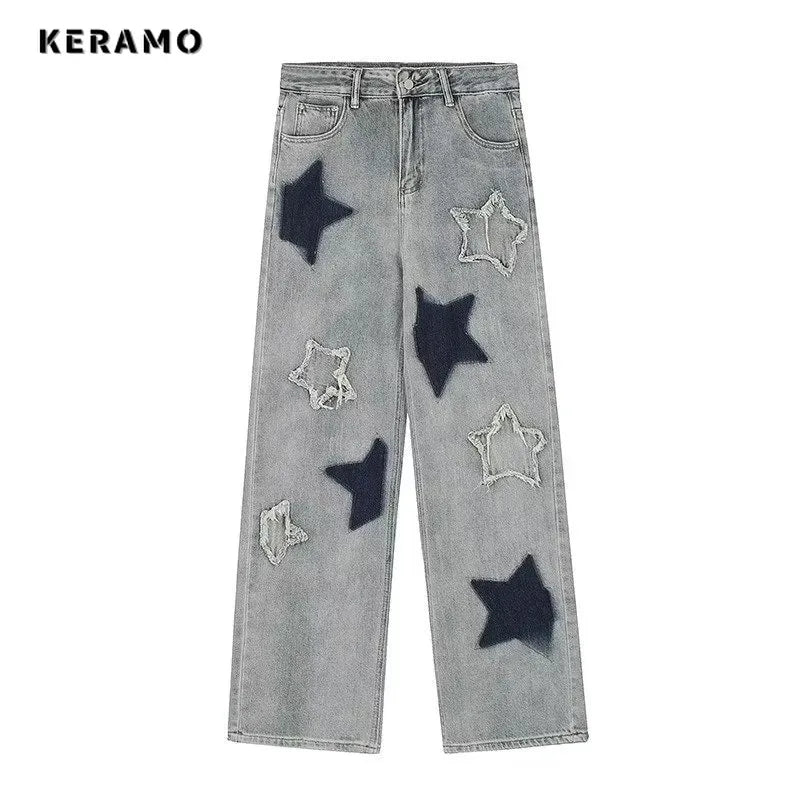 Fashion Women's Vintage Casual High Waist High Street Straight Jeans Stars Print Pants Korean Wide Leg Baggy Y2K Denim Trouser