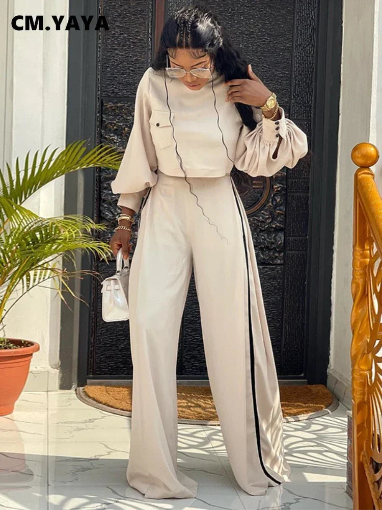 CM.YAYA Vintage Women's Set Lantern Long Sleeve Blouse and Wide Leg Loose Pants 2023 Autumn Two 2 Piece Set Outfit Tracksuit