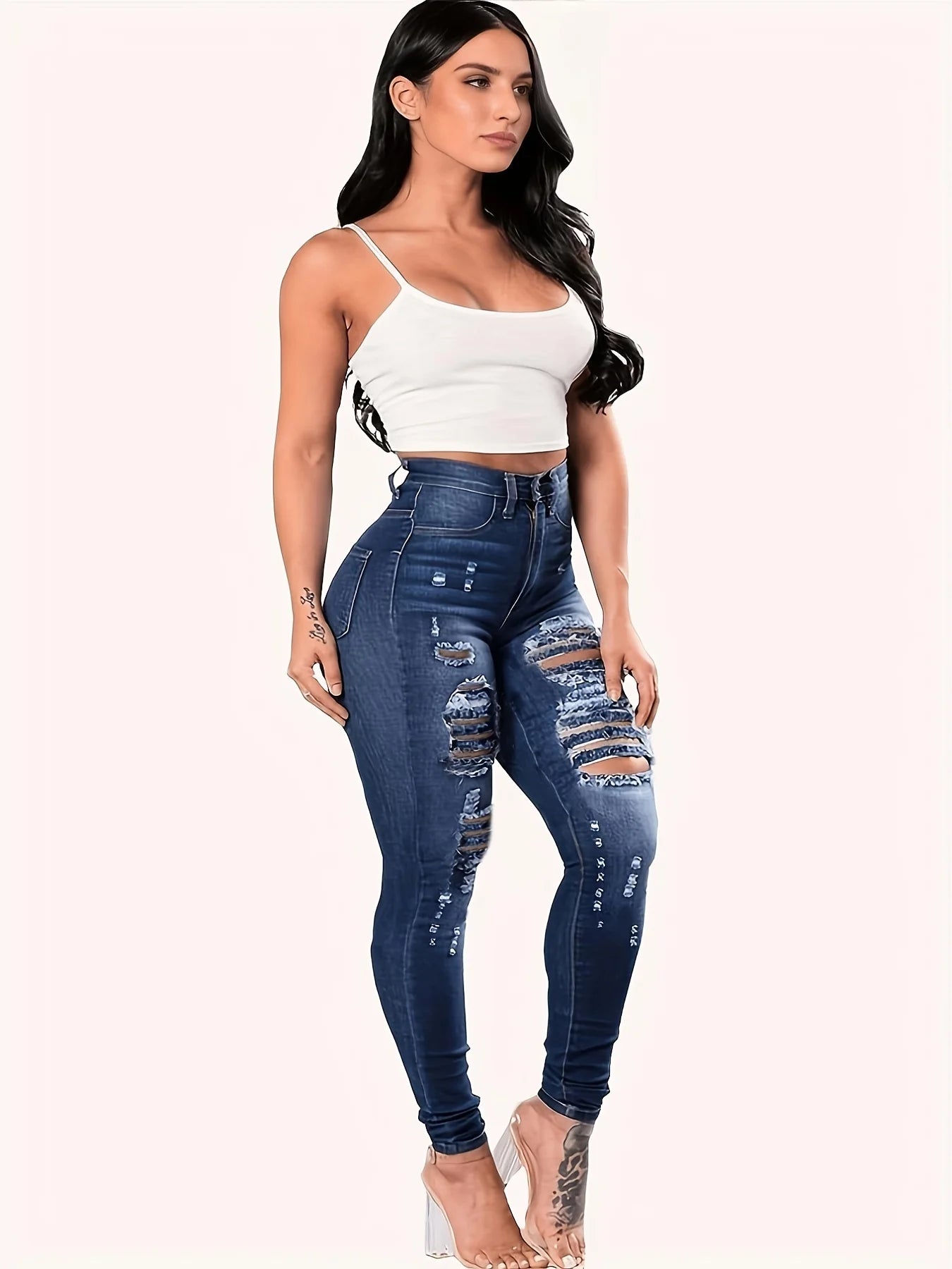 Blue Ripped Holes Skinny Jeans, Distressed High Waist Slim Fit Slash Pockets Denim Pants, Women's Denim Jeans & Clothing