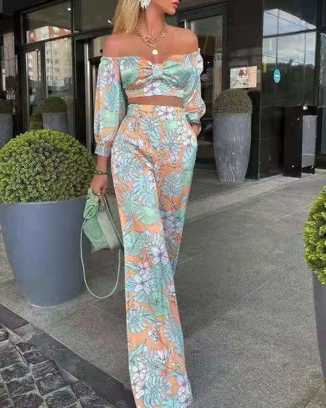 Female Short Sleeve 2pcs Outfit 2023 Summer Fashion Sexy Printed Boho Crop Top & High Waist Pants Suit Women Two Piece Set