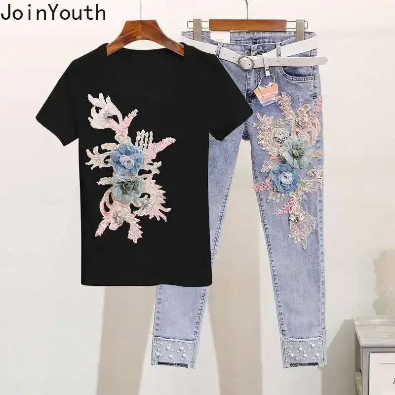 Women 2 Piece Outfits Embroidery Flower T Shirt High Waist Jeans Pants Sets Korean Fashion Woman Clothes Two Piece Trousers Set