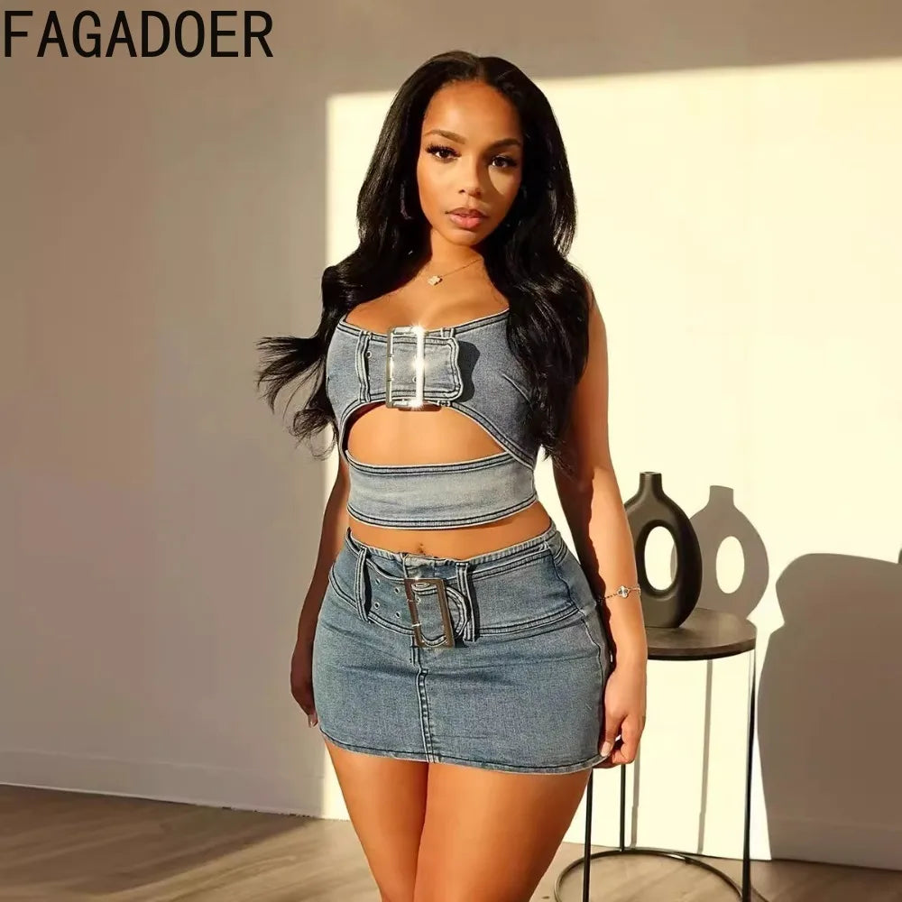 FAGADOER Blue Fashion Hollow Out Elasticity Denim Two Piece Sets Women Thin Strap Sleeveless Tank Top And Skirts Cowboy Outfits