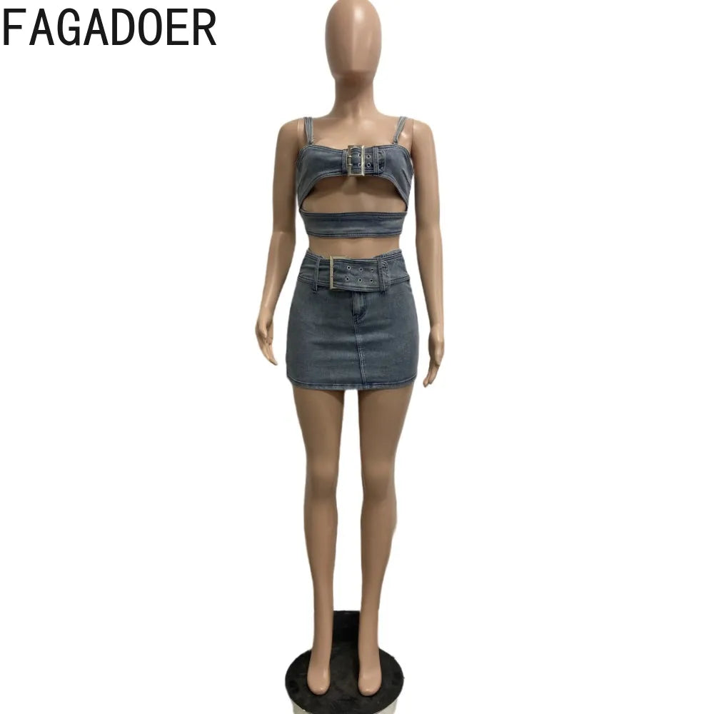 FAGADOER Blue Fashion Hollow Out Elasticity Denim Two Piece Sets Women Thin Strap Sleeveless Tank Top And Skirts Cowboy Outfits