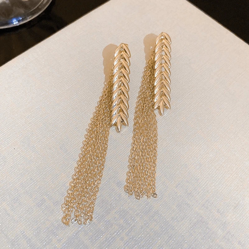 Gold Color Wheat Fringe Dangle Earrings Metal Long Stud Earrings Fashion New Jewelry For Women Girls Accessories