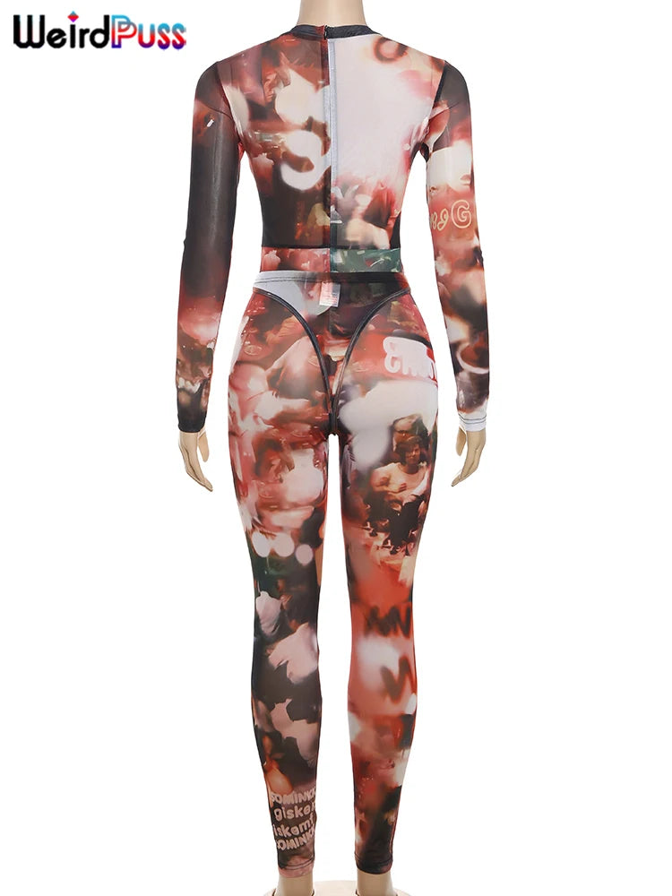 Weird Puss See Through Women 2 Piece Set Sexy Long Sleeve Skinny  t-Shirt+Leggings Matching Streetwear Skinny Elastic Outfits