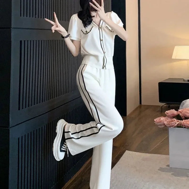 Casual Tracksuit Short Sleeved Suit Women 2023 Summer Streetwear V Neck Single Breasted Tops+Elastic Waist Trousers 2 Piece Sets