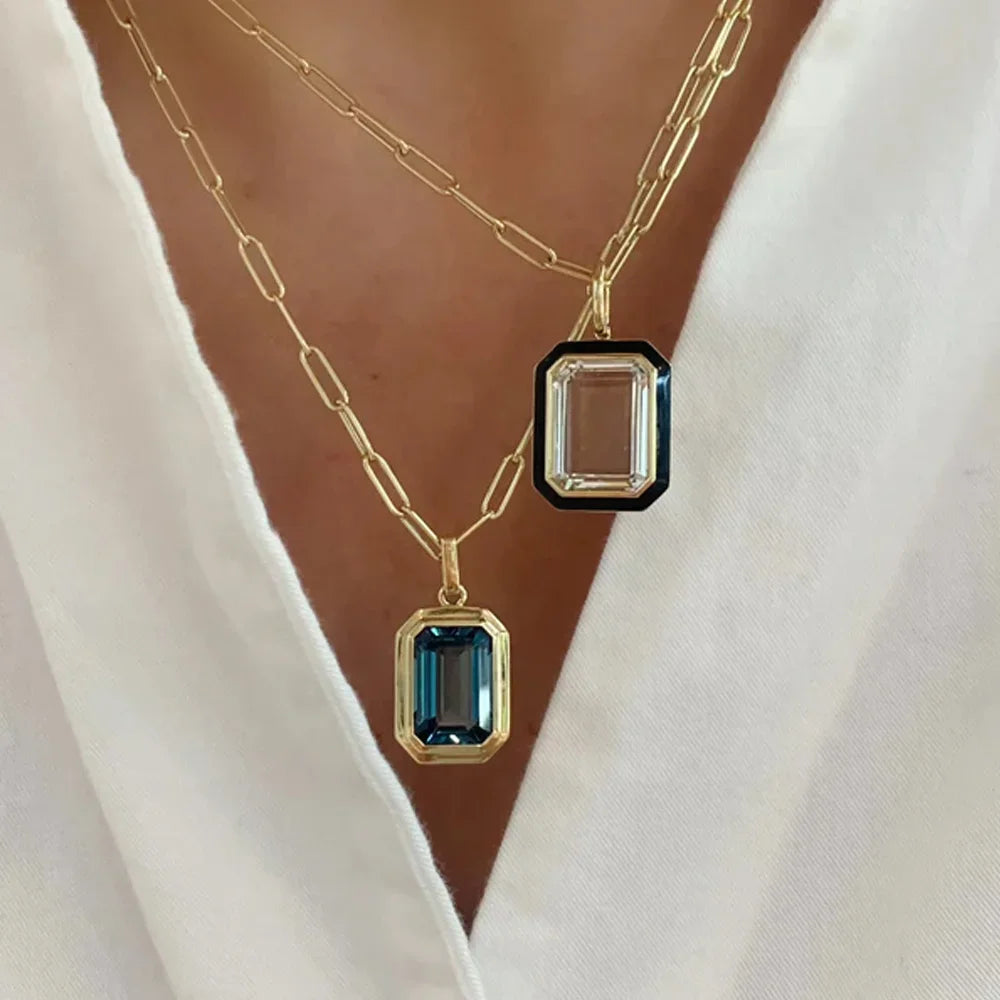 Retro Hip-hop Multicolour Geometric Square Crystal Pendant Necklace Cuba Chain for Women Girls Vintage Wedding Jewelry Wholesale