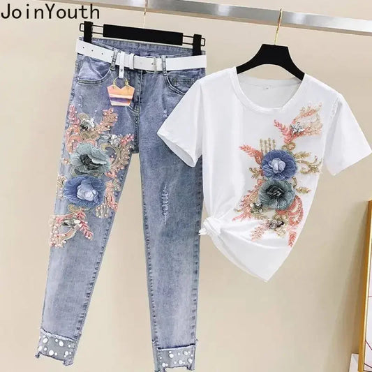 Women 2 Piece Outfits Embroidery Flower T Shirt High Waist Jeans Pants Sets Korean Fashion Woman Clothes Two Piece Trousers Set